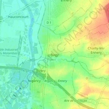 Rugyの地形図、標高、地勢
