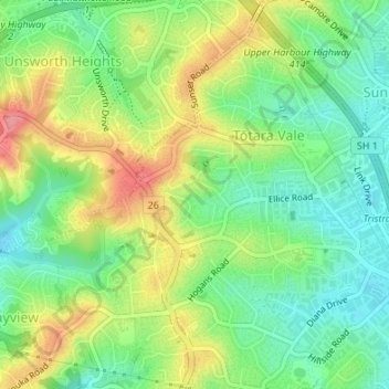 North Shoreの地形図、標高、地勢