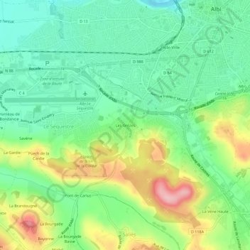 Les Grèzesの地形図、標高、地勢