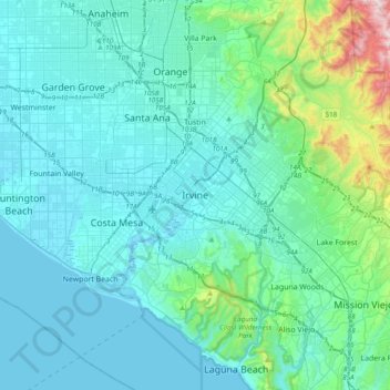 Irvineの地形図、標高、地勢