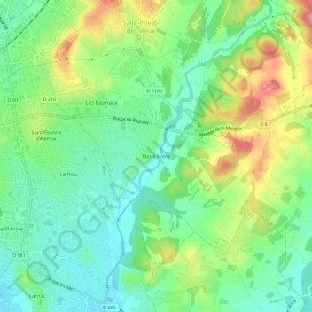 Mas d'Avèneの地形図、標高、地勢