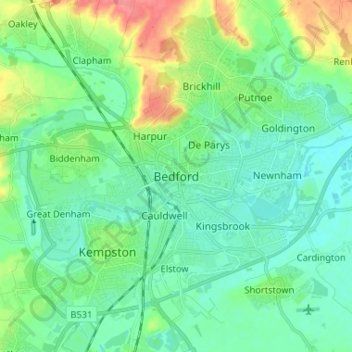 Bedfordの地形図、標高、地勢