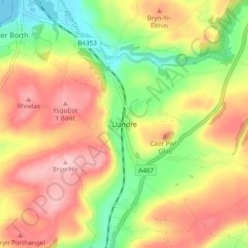 Llandreの地形図、標高、地勢