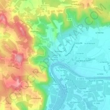 Poutierの地形図、標高、地勢