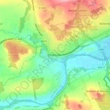 Peterculterの地形図、標高、地勢