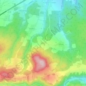 Weibnitzの地形図、標高、地勢