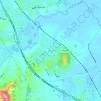 Canowindraの地形図、標高、地勢