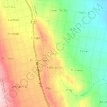 Tumainiの地形図、標高、地勢