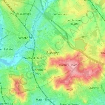 Busheyの地形図、標高、地勢