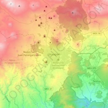 Uruapanの地形図、標高、地勢