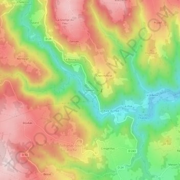 Moulasの地形図、標高、地勢