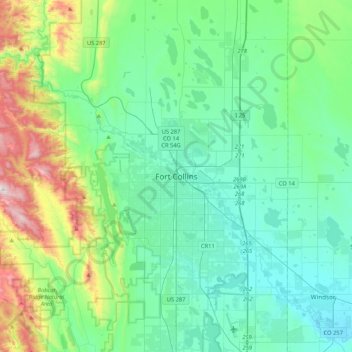 Fort Collinsの地形図、標高、地勢