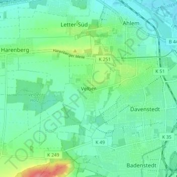 Velberの地形図、標高、地勢