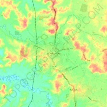 Te Awamutuの地形図、標高、地勢
