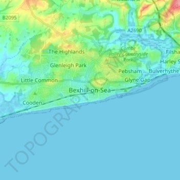 Bexhill-on-Seaの地形図、標高、地勢