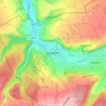 Henglarnの地形図、標高、地勢