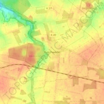 Ruschwedelの地形図、標高、地勢