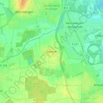 Deveseの地形図、標高、地勢