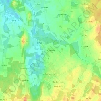 Les Feuilléesの地形図、標高、地勢