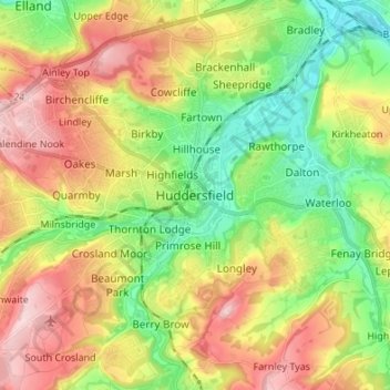 Huddersfieldの地形図、標高、地勢