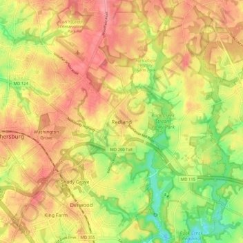 Redlandの地形図、標高、地勢
