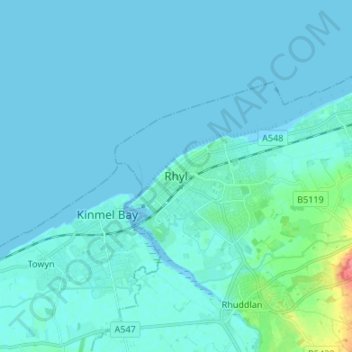 Rhylの地形図、標高、地勢