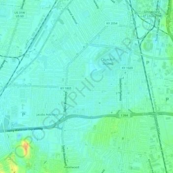Oakdaleの地形図、標高、地勢