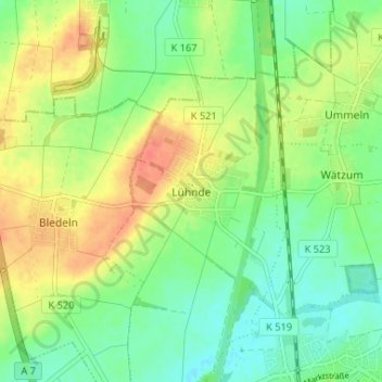 Lühndeの地形図、標高、地勢