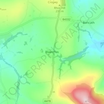 Blaenffosの地形図、標高、地勢