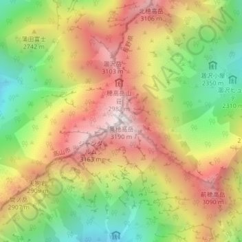 奥穂高岳の地形図、標高、地勢