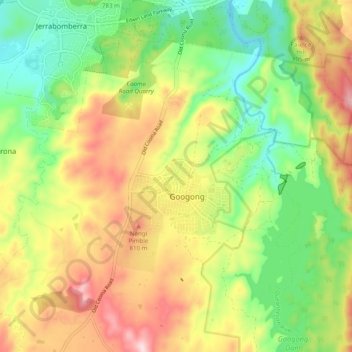 Googongの地形図、標高、地勢