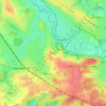 Izelの地形図、標高、地勢
