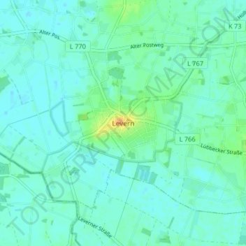 Levernの地形図、標高、地勢