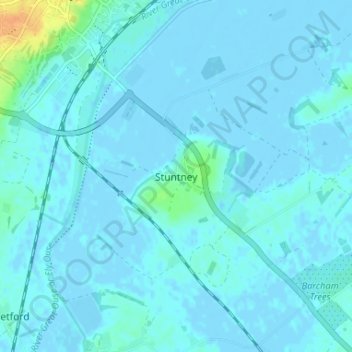 Stuntneyの地形図、標高、地勢