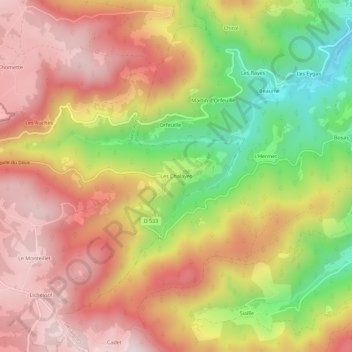 Les Chalayesの地形図、標高、地勢