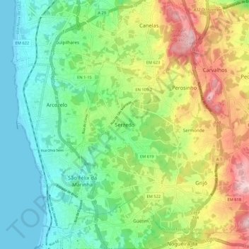 Serzedoの地形図、標高、地勢