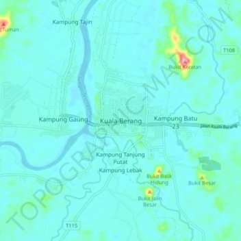 Kuala Berangの地形図、標高、地勢