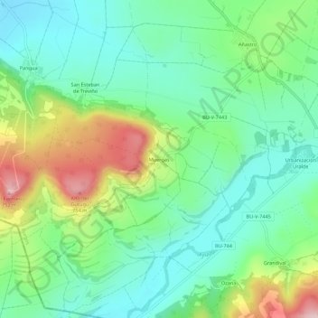 Muergasの地形図、標高、地勢