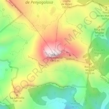 Penyagolosaの地形図、標高、地勢