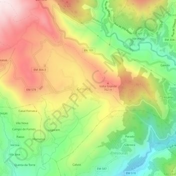 Candeiroの地形図、標高、地勢