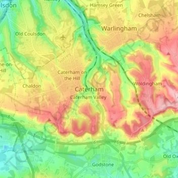 Caterhamの地形図、標高、地勢