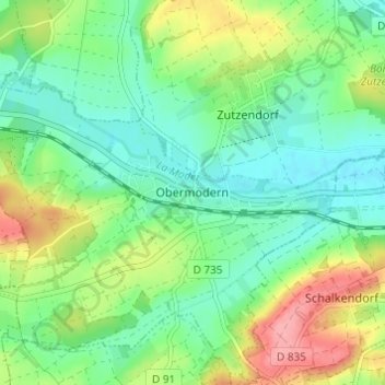 Obermodernの地形図、標高、地勢