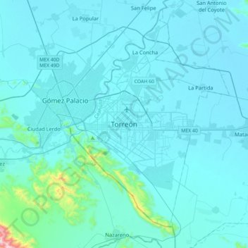 Torreónの地形図、標高、地勢