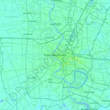 バンコクの地形図、標高、地勢