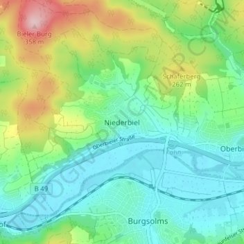 Niederbielの地形図、標高、地勢