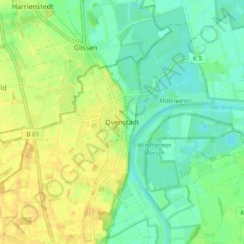 Ovenstädtの地形図、標高、地勢