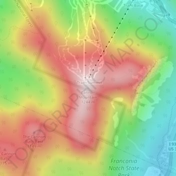 Cannon Mountainの地形図、標高、地勢