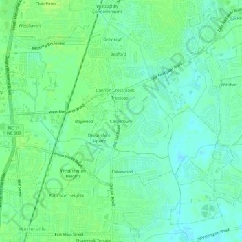 Canterburyの地形図、標高、地勢