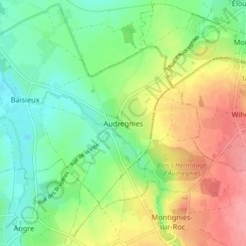 Audregniesの地形図、標高、地勢