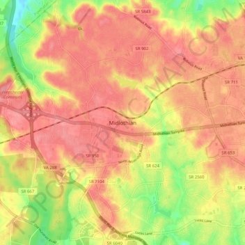 Midlothianの地形図、標高、地勢